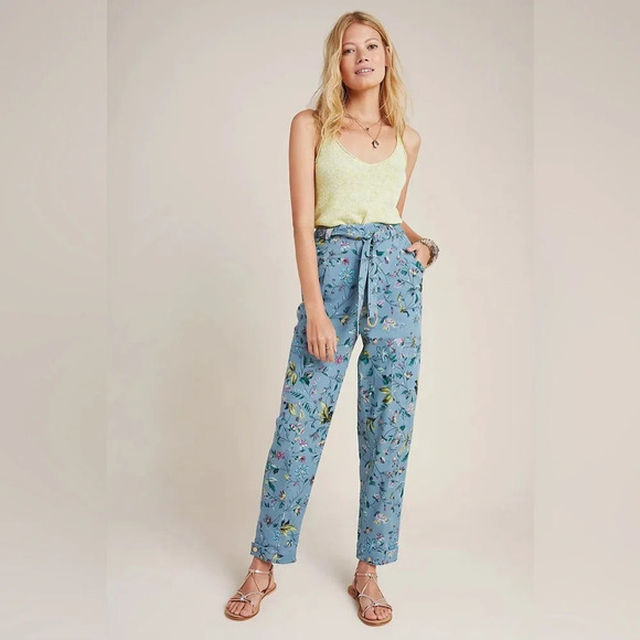 ANTHROPOLOGIE Victoria Floral Cargo Pants in Blue *NO BELT* - Picture 1 of 14